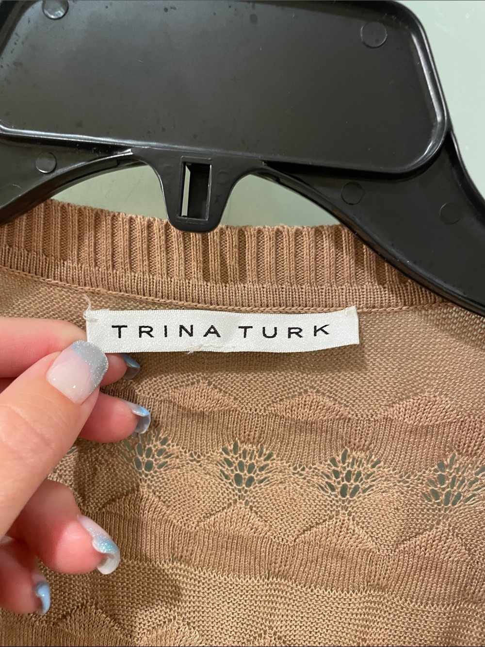 Trina Turk Beige Openwork Knit Long Cardigan - Picture 2 of 4